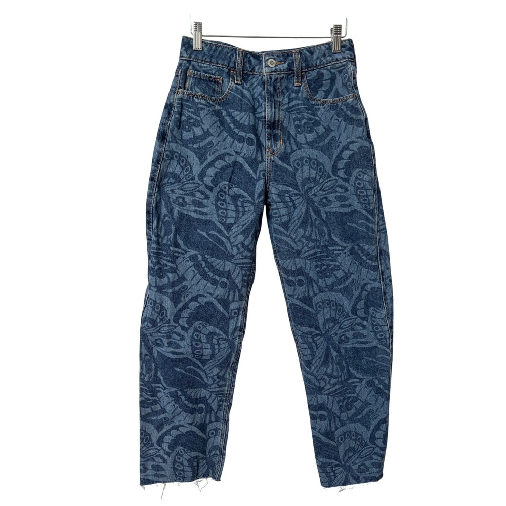 Hollister Womens High Rise Barrel Jean Butterfly Print Blue Denim W26 L27 3L